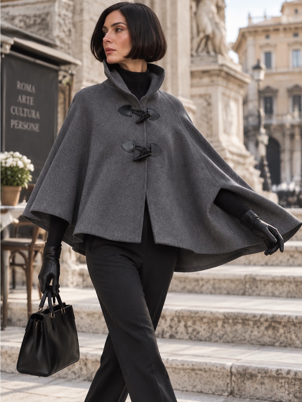 NWT MODA Italian Charcoal Wool Blend Toggle Closure Dramatic Cape, One Size